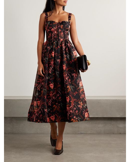 Cara Cara Red Phoebe Floral-Print Linen And Silk-Blend Midi Dress