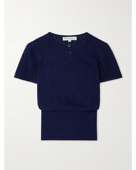 J.W. Anderson Blue Bow-Detailed Pointelle-Knit Cotton And Cashmere-Blend Top