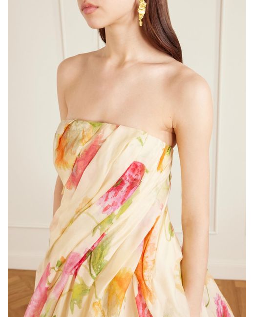 Carolina Herrera Multicolor Strapless Draped Floral-Print Silk-Organza Gown
