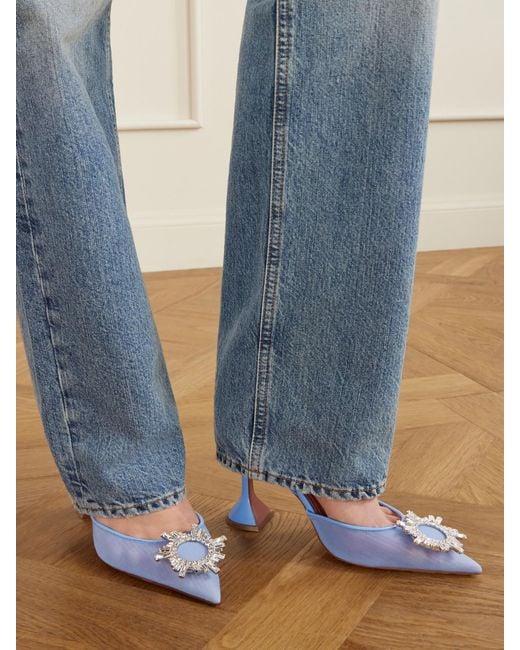 AMINA MUADDI Blue Begum Leather-Trimmed Crystal-Embellished Mesh Slingback Pumps