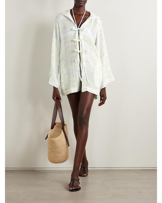 Lisa Marie Fernandez White Hooded Striped Linen-Blend Gauze Poncho