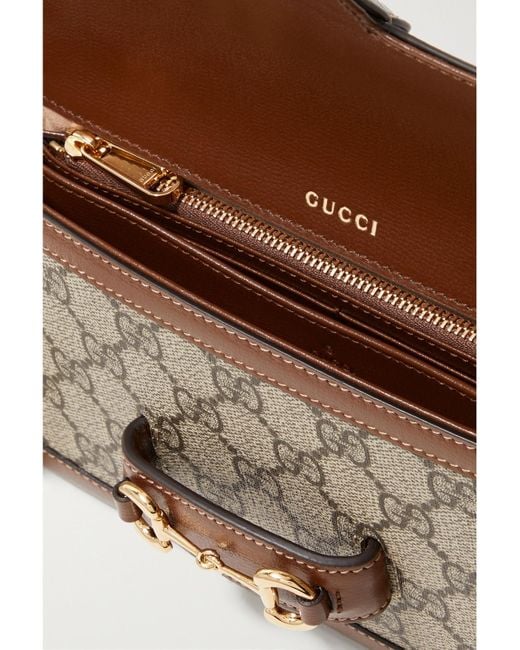 Gucci Brown Horsebit 1955 Embellished Leather-Trimmed Coated-Canvas Shoulder Bag