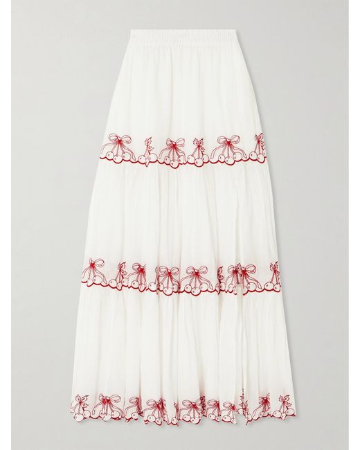 LoveShackFancy Natural Jemila Tiered Scalloped Embroidered Organic Cotton Maxi Skirt