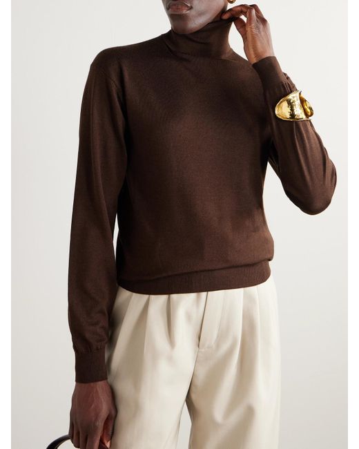 Pull À Col Roulé En Laine, Cachemire Et Soie Mélangés Saint Laurent en coloris Brown