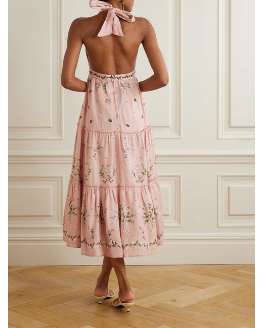 Agua Bendita Pink Consuelo Wisteria Tiered Embroidered Floral-Print Linen Halterneck Midi Dress