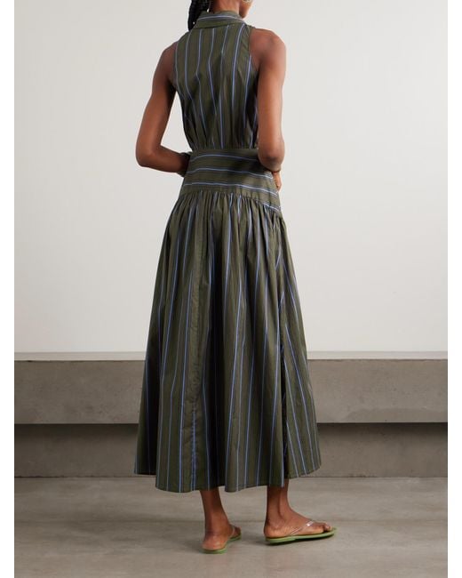Staud Green Romy Striped Pleated Cotton-Blend Shirt Dress