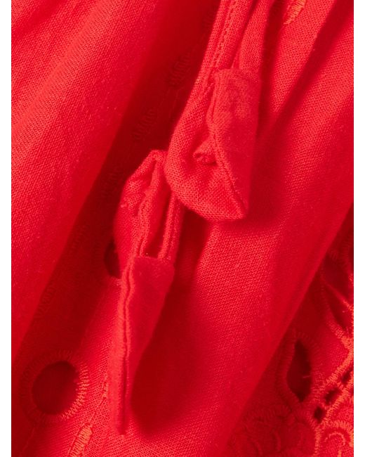 Farm Rio Red Embellished Broderie Anglaise Linen-Blend Midi Dress