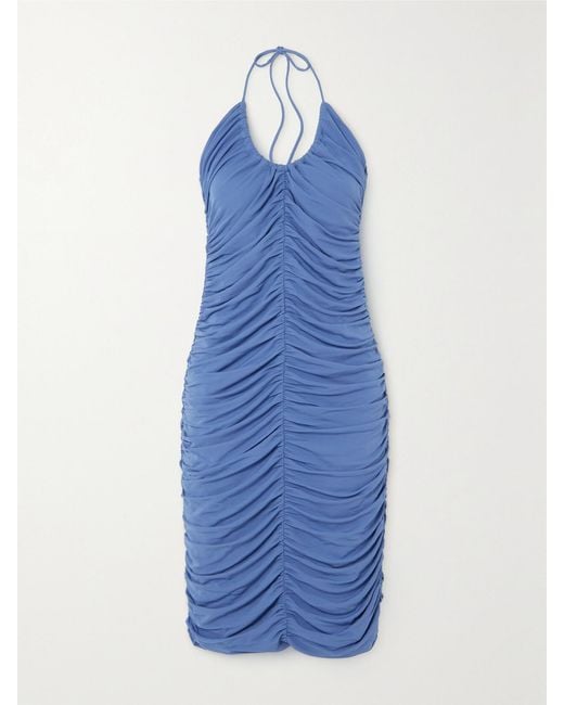 Zeynep Arcay Blue Ruched Halterneck Stretch-Jersey Midi Dress