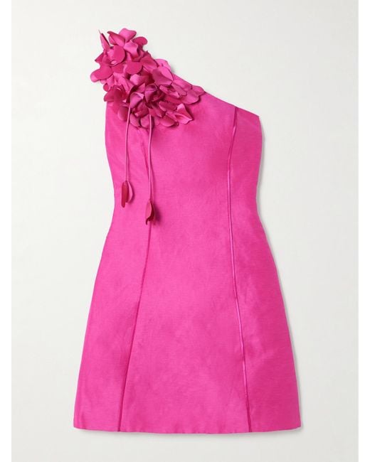 Aje. Pink Camille One-Shoulder Appliquéd Satin-Trimmed Linen-Blend Mini Dress