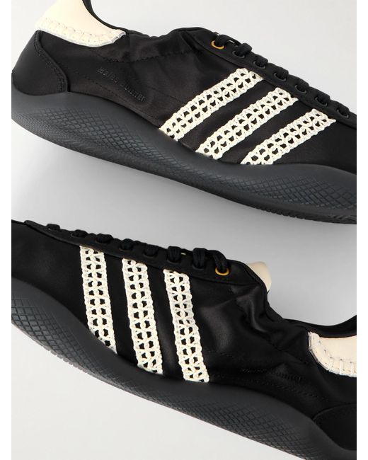 Adidas Originals Black Wales Bonner Karintha Leather And Crochet-Trimmed Satin Sneakers
