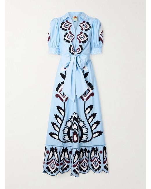 Farm Rio Blue Tie-Front Scalloped Appliquéd Cotton-Poplin Maxi Dress