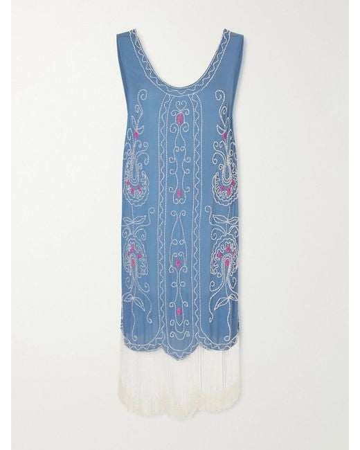 Bode Blue Sea Flower Beaded Silk Dress