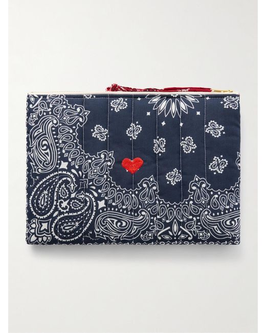 Call it By Your Name Blue Embroidered Bandana-Print Quilted Cotton Pouch