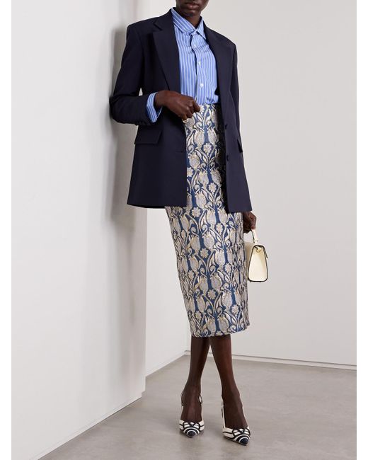 Valentino Garavani Blue Metallic Floral-Brocade Midi Skirt