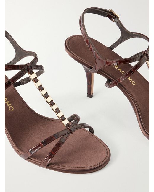 Ferragamo Brown Tiane 70 Embellished Croc-Effect Leather Sandals