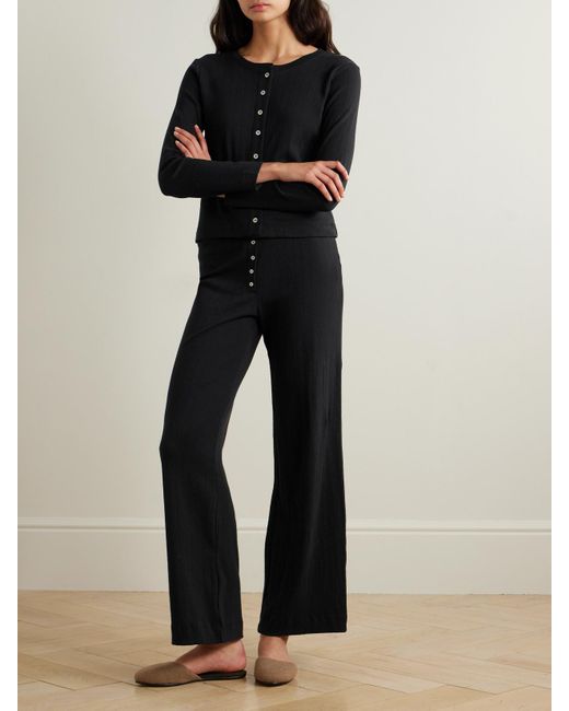 Leset Black Boxer Pointelle-Knit Cotton Wide-Leg Pants