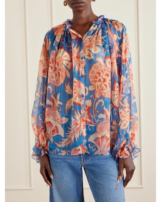 Etro White Floral-Print Silk-Chiffon Peplum Blouse
