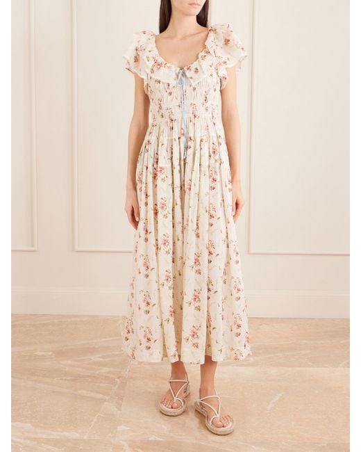 Doen Natural Illiana Lace-Trimmed Shirred Floral-Print Organic Cotton Dress
