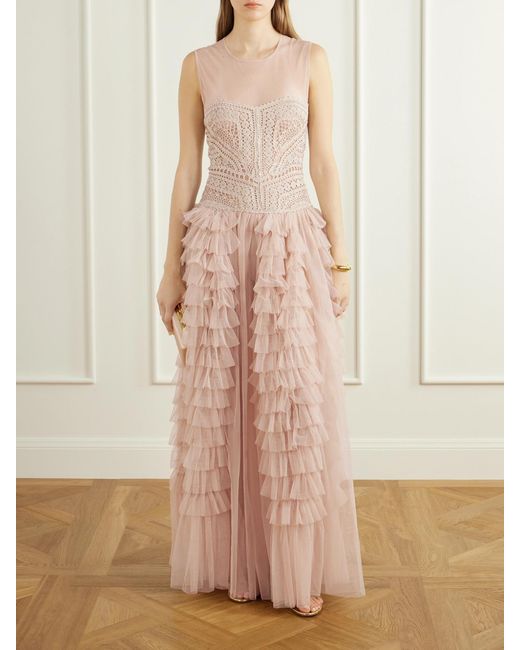 Ulla Johnson Pink Orla Crochet And Tulle Gown