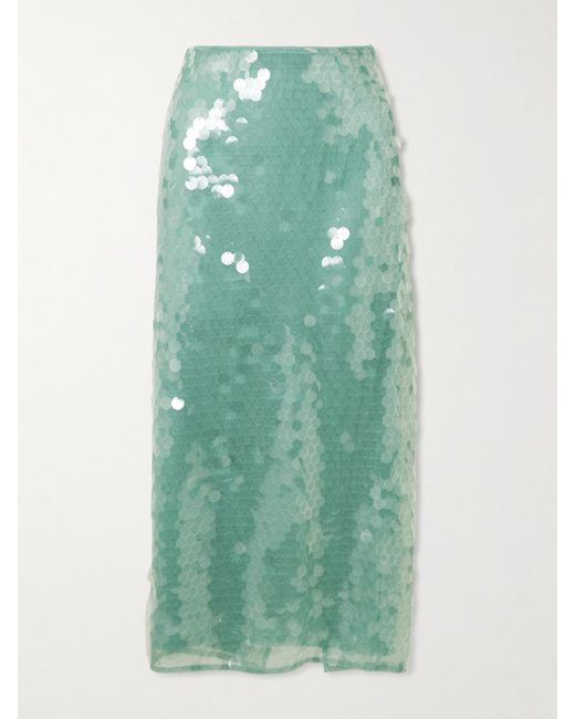 Staud Green Casey Paillette-Embellished Tulle Midi Skirt