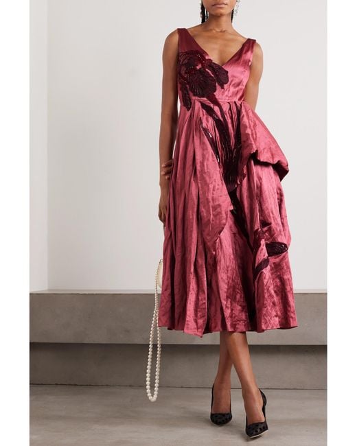 Erdem Appliquéd Ruffled Textured-Satin Midi Dress