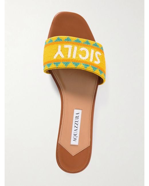 Aquazzura Brown Sicily Beaded Leather Slides