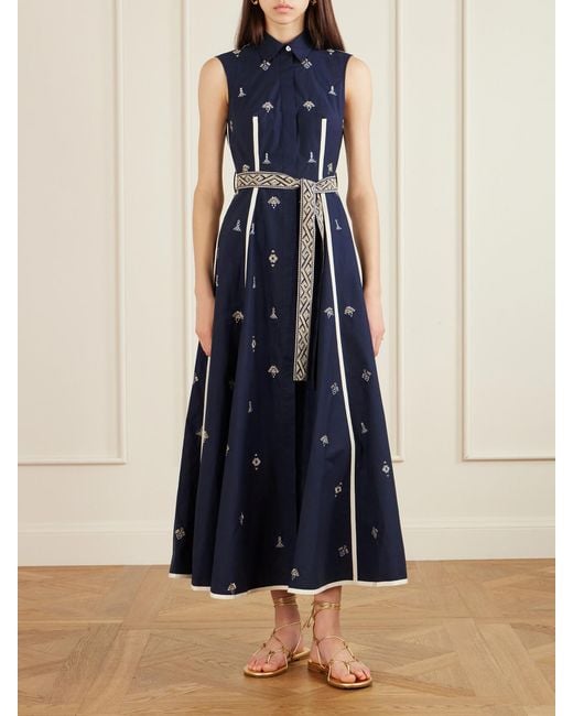 Emporio Sirenuse Blue Belted Embroidered Cotton-Poplin Midi Dress