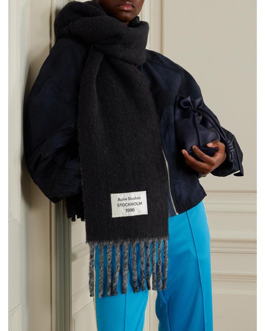 Acne Black Two-Tone Fringed Appliquéd Alpaca-Blend Scarf