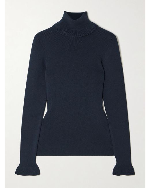 Chloé Blue Rollkragenpullover Aus Einer Gerippten Baumwoll-Wollmischung Mit Logo