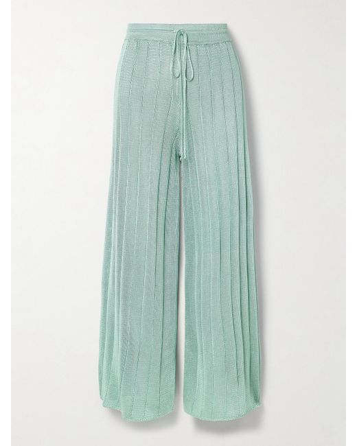 Calle Del Mar Green Ribbed-Knit Wide-Leg Pants