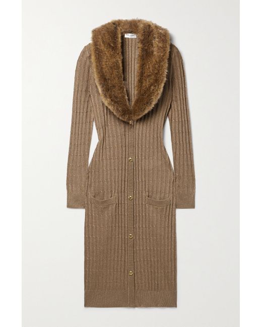 Saint Laurent Faux Furtrimmed Metallic Cableknit Midi Dress in Brown
