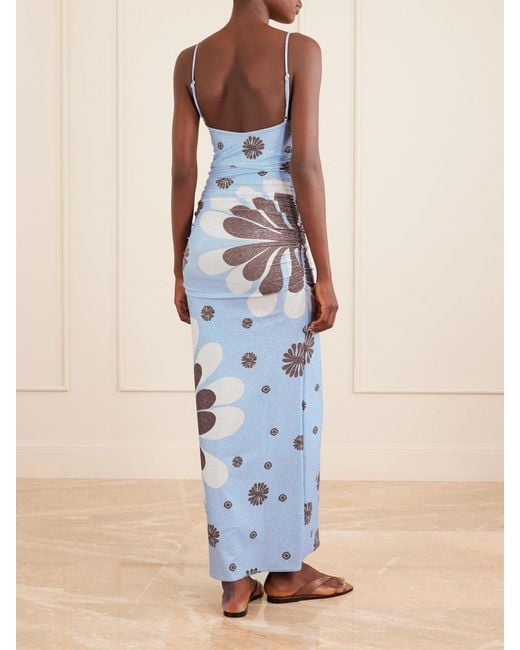 Cala De La Cruz Blue Kim Ruched Printed Metallic Jersey Maxi Dress