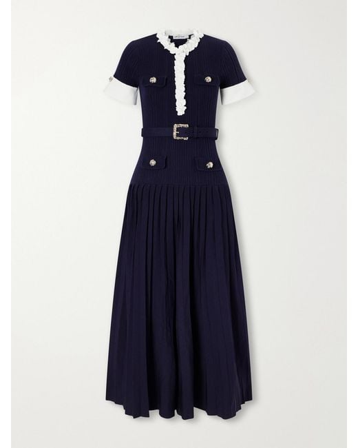 Self-Portrait Blue Belted Floral-Appliquéd Ribbed Midi Dress