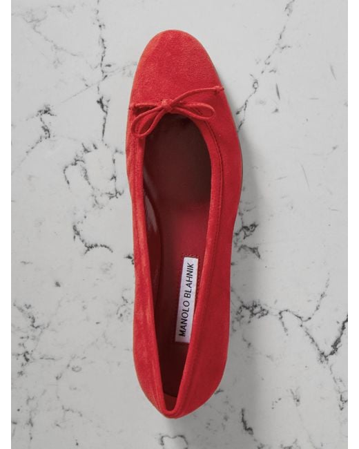Manolo Blahnik Red Veralli Bow-Detailed Suede Ballet Flats