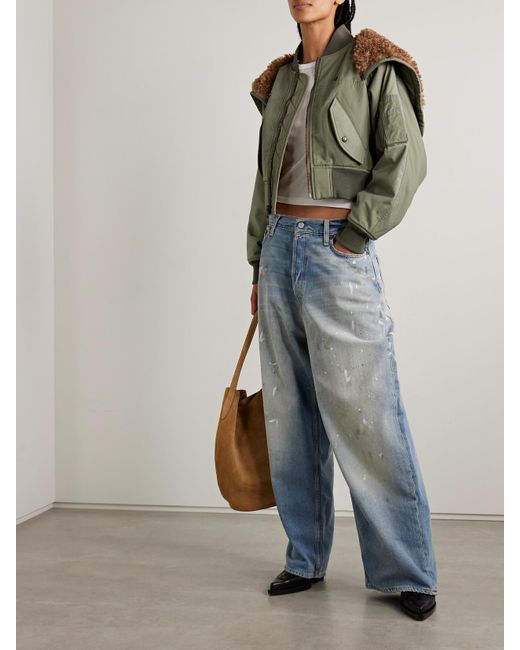 R13 Green Cropped Fleece-Trimmed Padded Cotton-Blend Shell Bomber Jacket