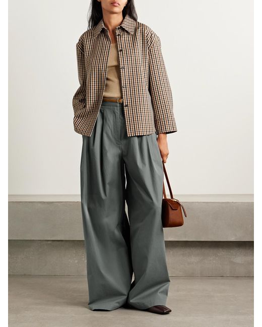 Tibi Gray Pleated Cotton-Twill Wide-Leg Pants