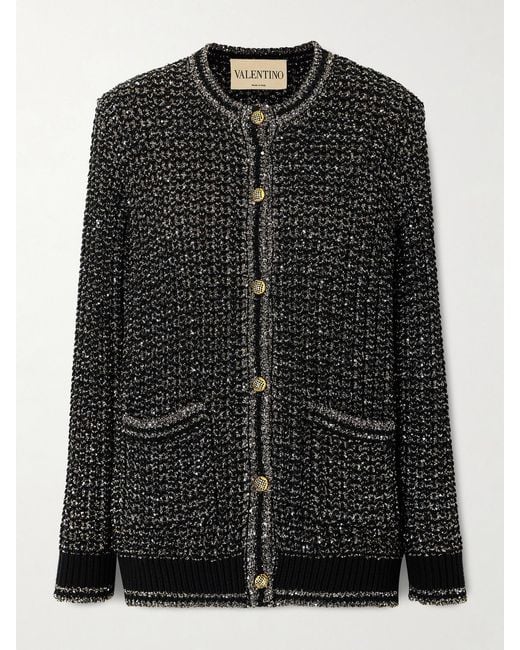 Valentino Garavani Black Sequin-Embellished Metallic Cotton-Blend Cardigan