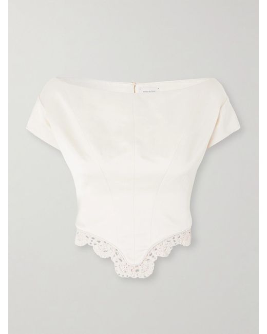 Magda Butrym White Off-The-Shoulder Crocheted Cotton-Trimmed Satin Top