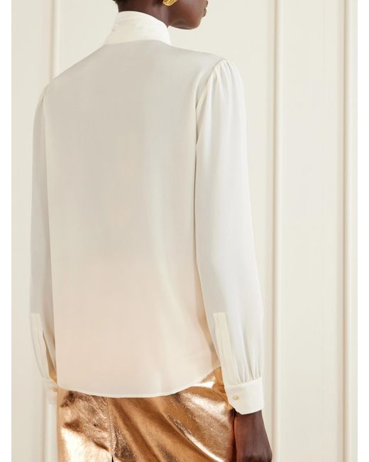 Saint Laurent Natural Tie-Detailed Silk Crepe De Chine Blouse
