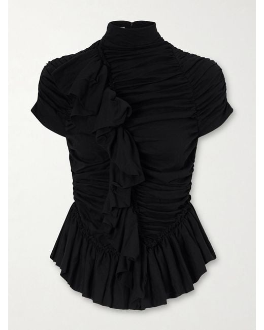 Dries Van Noten Black Ruffled Draped Cotton-Jersey Turtleneck Top