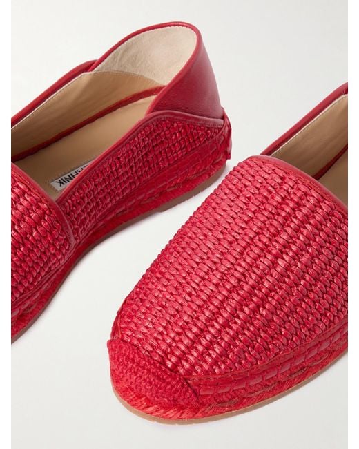 Manolo Blahnik Red Espadra Collapsible-Heel Leather-Trimmed Raffia Espadrilles