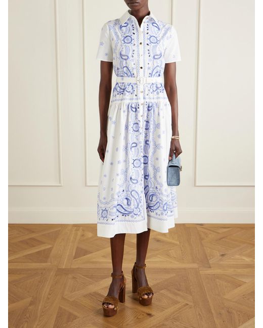 Self-Portrait Blue Belted Embroidered Cotton-Poplin Midi Shirt Dress