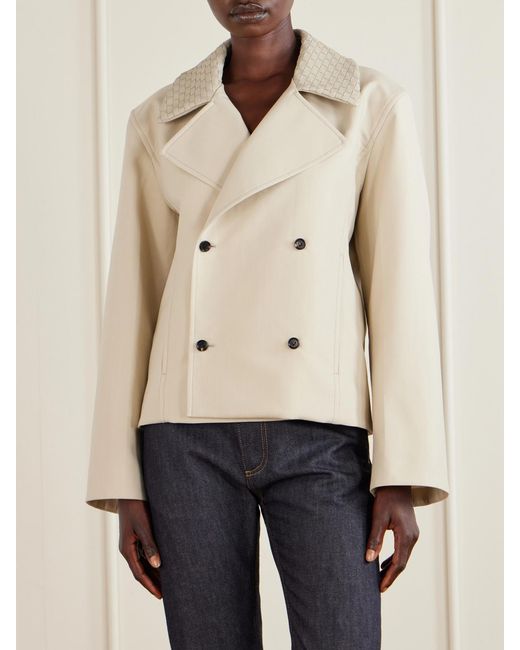 Bottega Veneta Natural Double-Breasted Intrecciato Leather-Trimmed Wool And Cotton-Blend Jacket