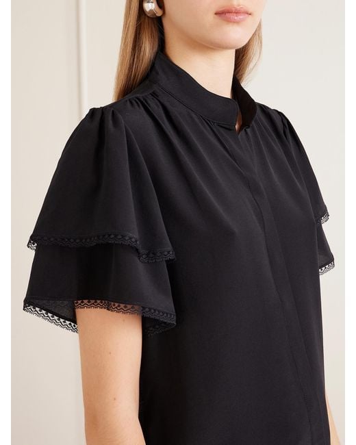 FRAME Black Arcadia Lace-Trimmed Silk Blouse