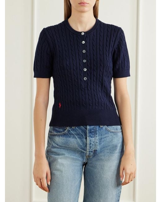Polo Ralph Lauren Blue Cable-Knit Cotton Henley Sweater
