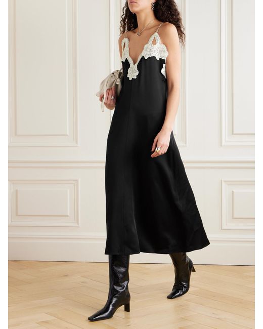 Jil Sander Black Guipure Lace-Trimmed Satin Midi Dress