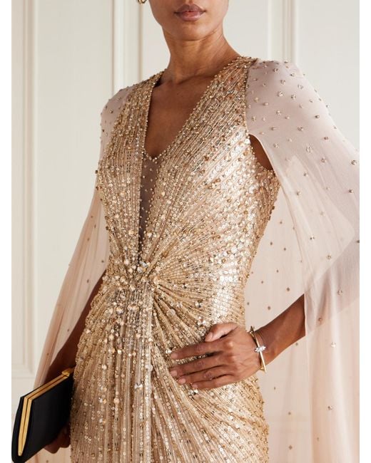 Jenny Packham Natural Zenith Verzierte Robe Aus Chiffon Mit Cape-Effekt Und Pailletten
