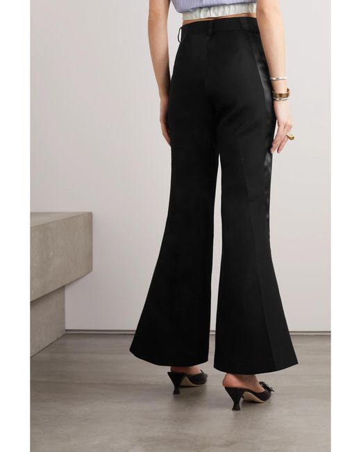 Sacai Black Satin-Trimmed Silk And Cotton-Blend Flared Pants