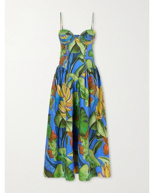 Farm Rio White Banana Grapes Printed Linen-Blend Midi Dress