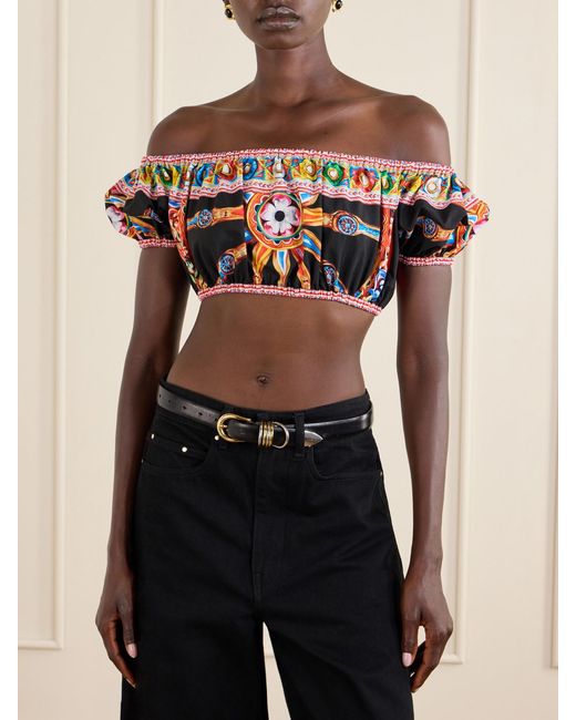 Dolce & Gabbana Black Carretto Off-The-Shoulder Cropped Printed Cotton-Poplin Top
